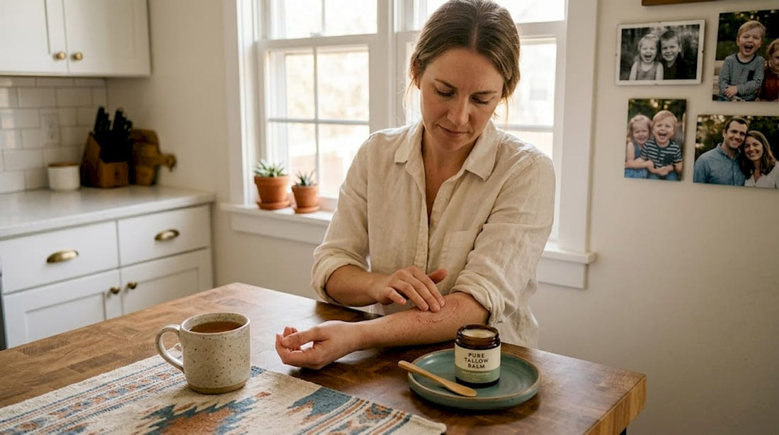 Woman applying tallow balm on eczema at kitchen table