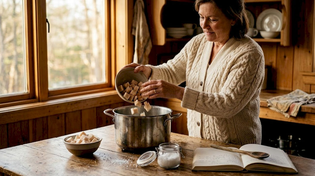Woman preparing tallow for rendering at home