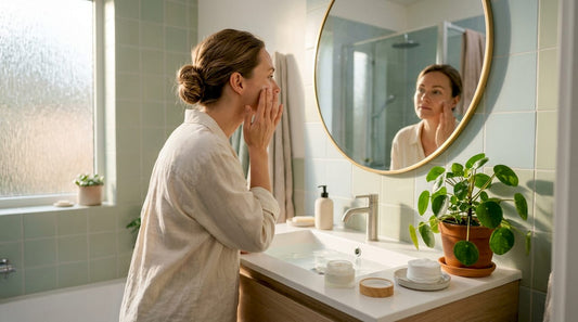Woman applying natural moisturizer in bright bathroom